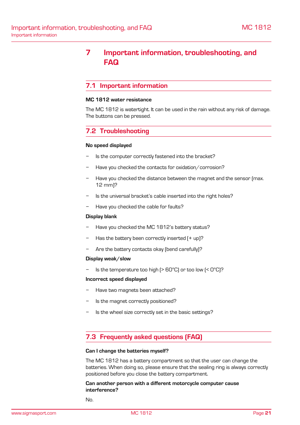 Important information, troubleshooting, and faq, 7important information, troubleshooting, and faq, Mc 1812 | 1 important information, 2 troubleshooting, 3 frequently asked questions (faq) | SIGMA MC 1812 MOTO User Manual | Page 21 / 26