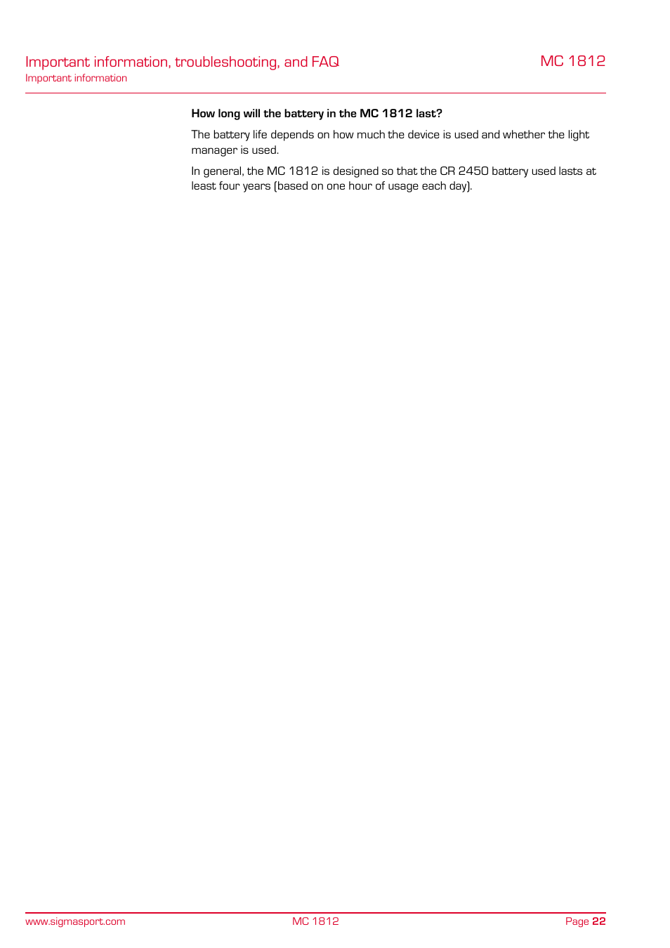 Important information, troubleshooting, and faq, Mc 1812 | SIGMA MC 1812 MOTO User Manual | Page 22 / 26