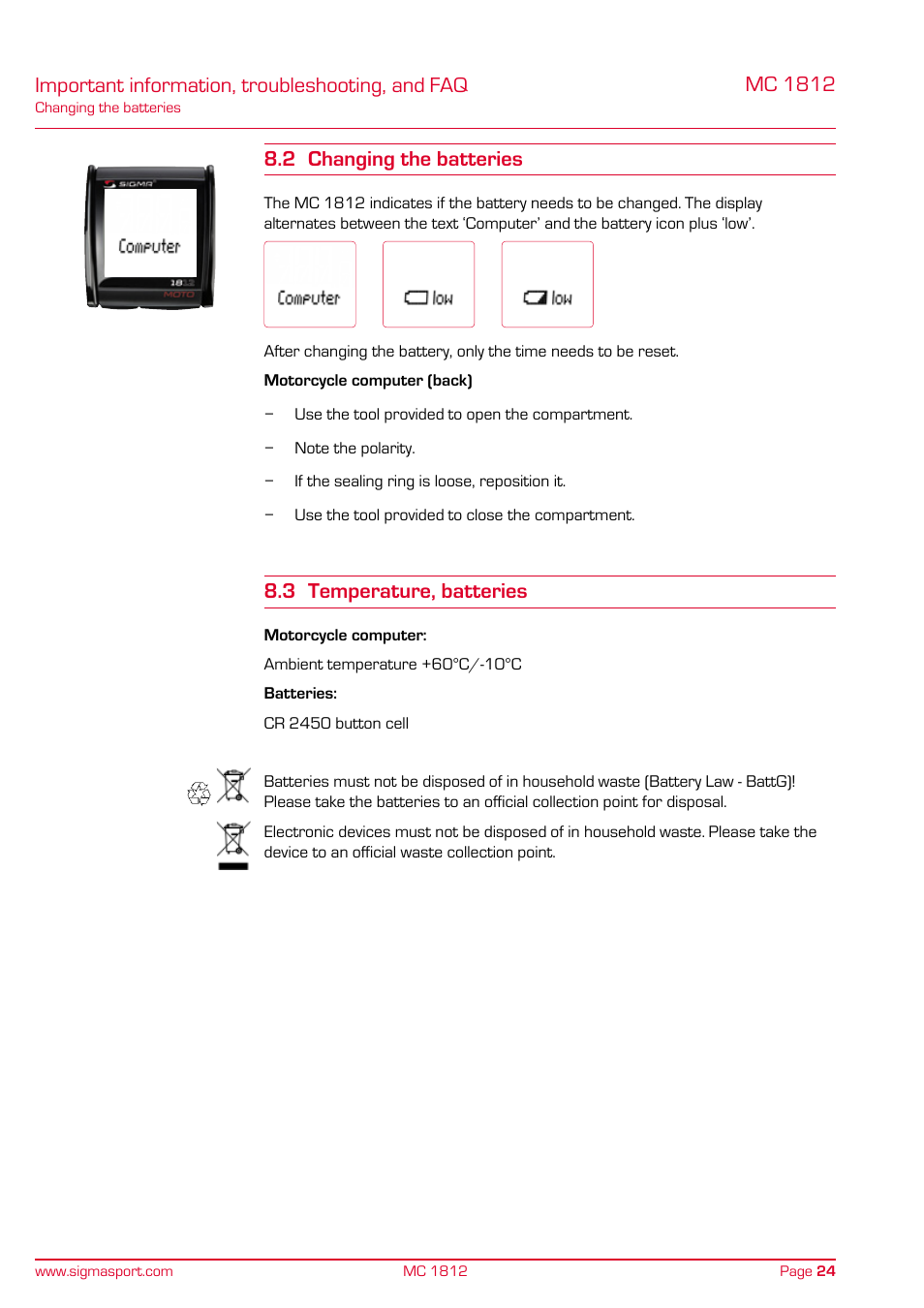 Important information, troubleshooting, and faq, 3 temperature, batteries | SIGMA MC 1812 MOTO User Manual | Page 24 / 26