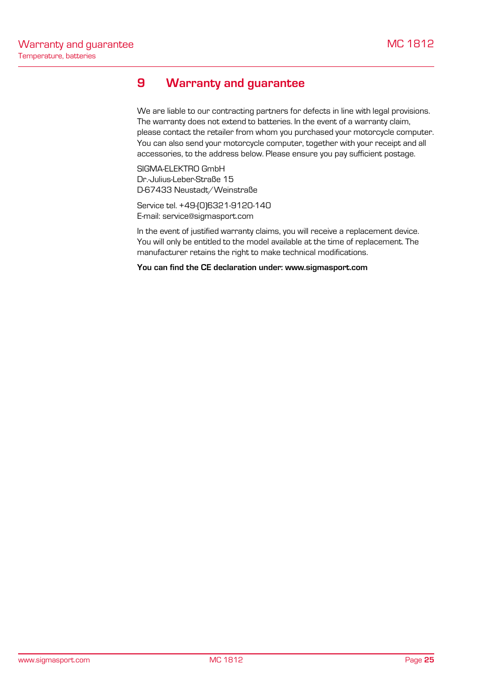 Warranty and guarantee, 9warranty and guarantee | SIGMA MC 1812 MOTO User Manual | Page 25 / 26