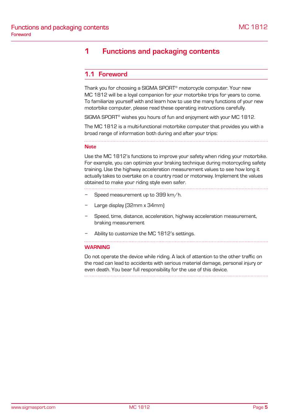 Functions and packaging contents, 1 foreword, 1functions and packaging contents | Mc 1812 | SIGMA MC 1812 MOTO User Manual | Page 5 / 26
