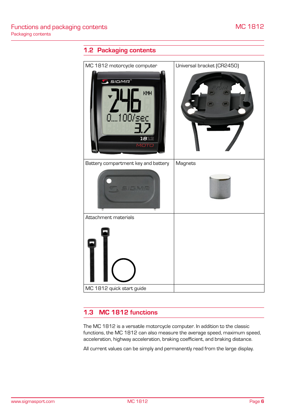 2 packaging contents 1.3 mc 1812 functions, Functions and packaging contents | SIGMA MC 1812 MOTO User Manual | Page 6 / 26