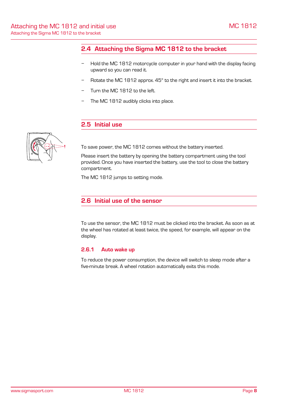 1 auto wake up, Attaching the mc 1812 and initial use, 5 initial use | 6 initial use of the sensor | SIGMA MC 1812 MOTO User Manual | Page 8 / 26