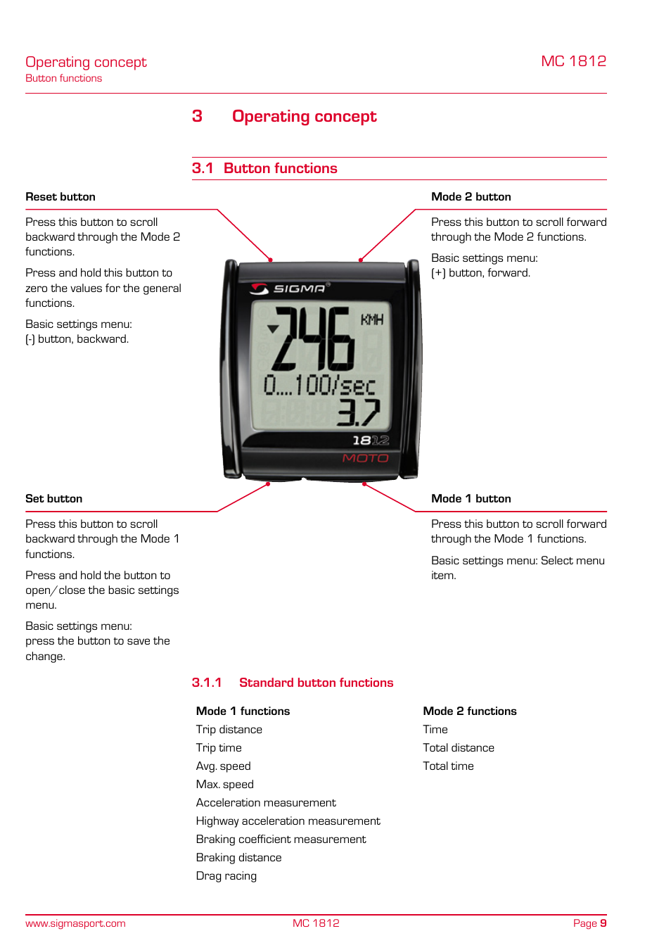 Operating concept, 1 button functions, 1 standard button functions | 3operating concept, Mc 1812 | SIGMA MC 1812 MOTO User Manual | Page 9 / 26