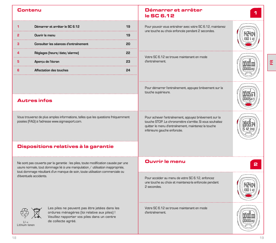 Contenu, Démarrer et arrêter le sc 6.12 ouvrir le menu, Autres infos dispositions relatives à la garantie | SIGMA SC 6.12 User Manual | Page 10 / 51