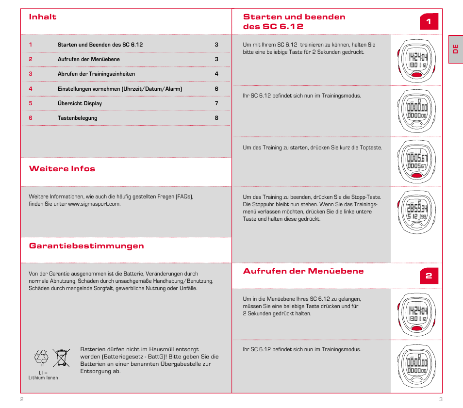 Inhalt, Weitere infos garantiebestimmungen | SIGMA SC 6.12 User Manual | Page 2 / 51