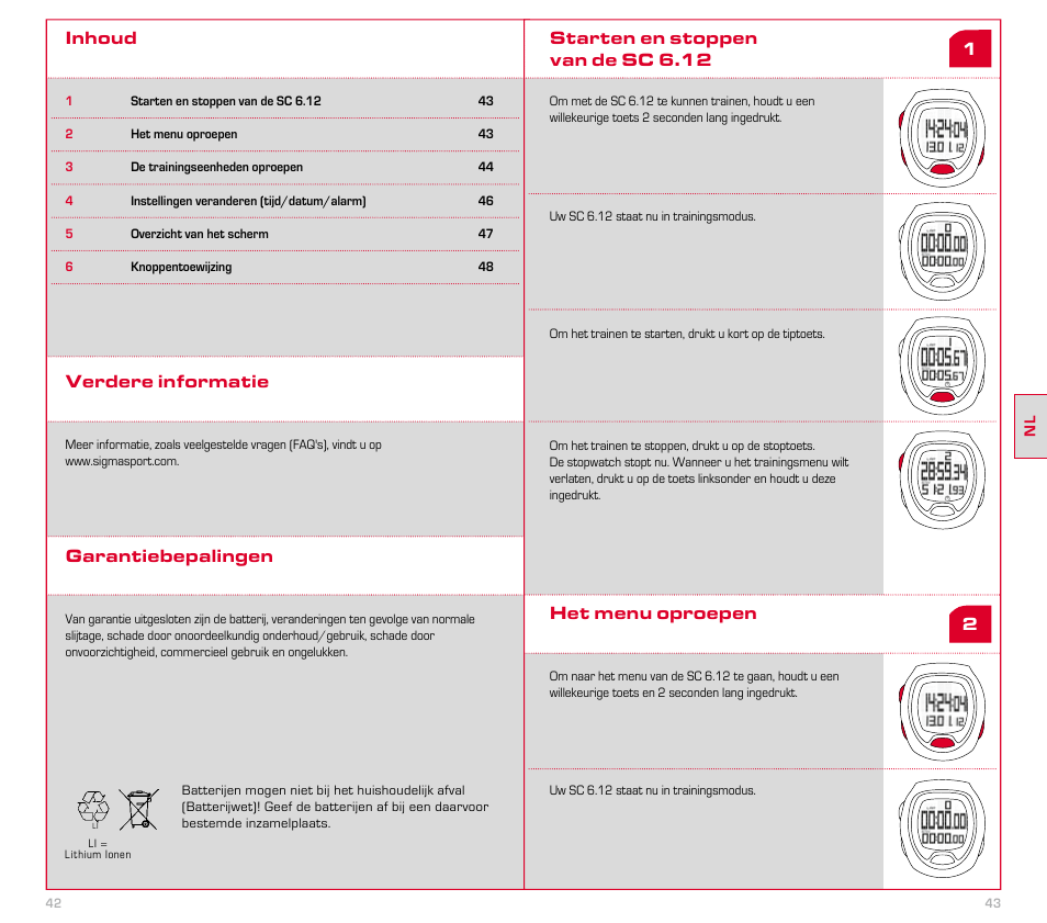 Inhoud, Verdere informatie garantiebepalingen | SIGMA SC 6.12 User Manual | Page 22 / 51