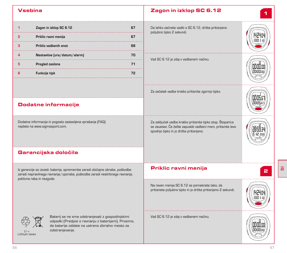 Vsebina, Zagon in izklop sc 6.12 priklic ravni menija, Dodatne informacije garancijska določila | SIGMA SC 6.12 User Manual | Page 34 / 51