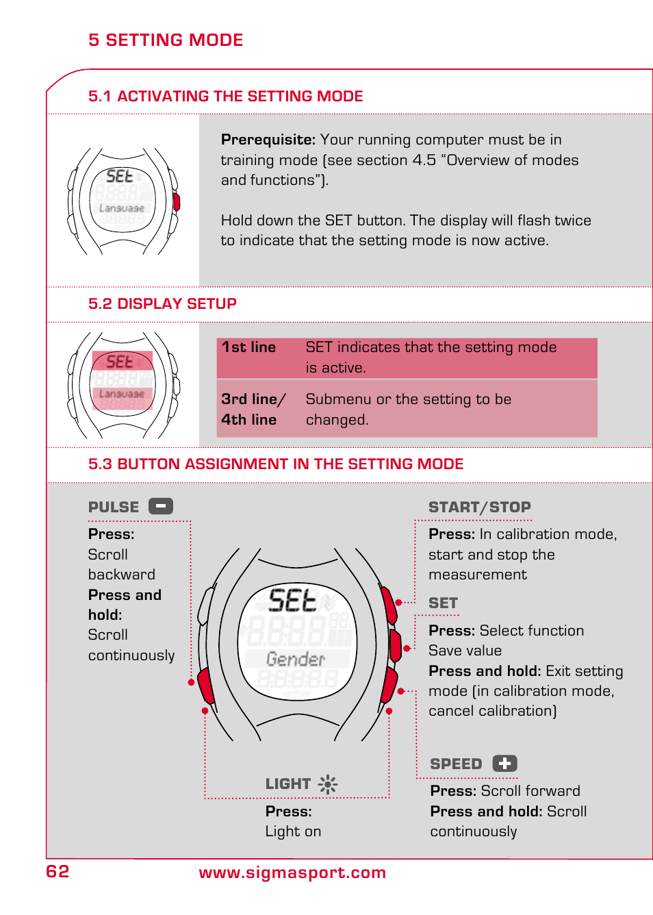 5 setting mode, 1 activating the setting mode, 2 display setup | 3 button assignment in the setting mode | SIGMA RC 14.11 User Manual | Page 14 / 50