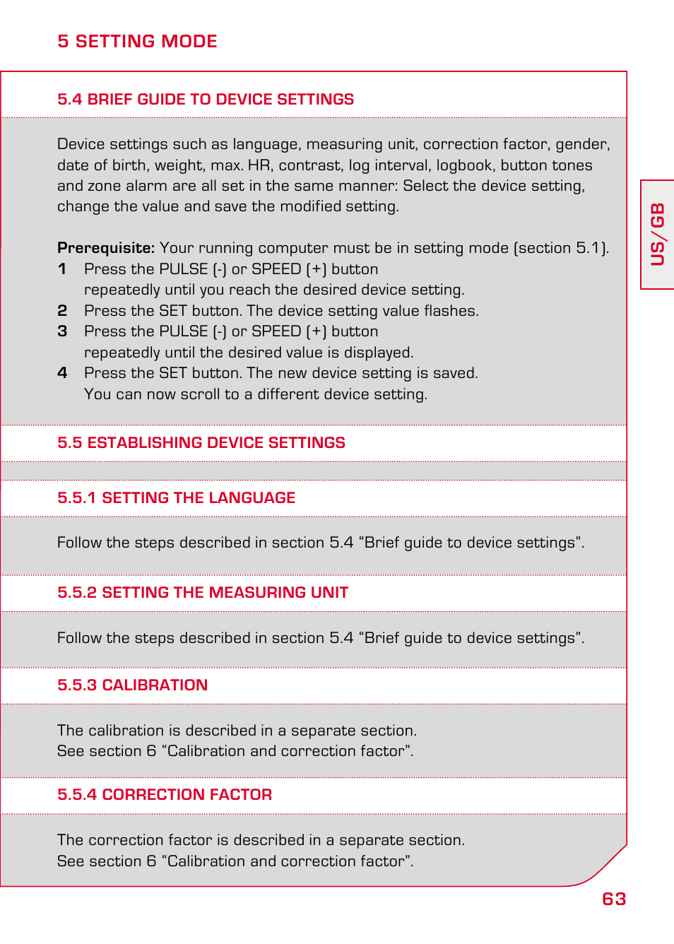 4 brief guide to device settings, 5 establishing device settings, 1 setting the language | 2 setting the measuring unit, 3 calibration, 4 correction factor | SIGMA RC 14.11 User Manual | Page 15 / 50