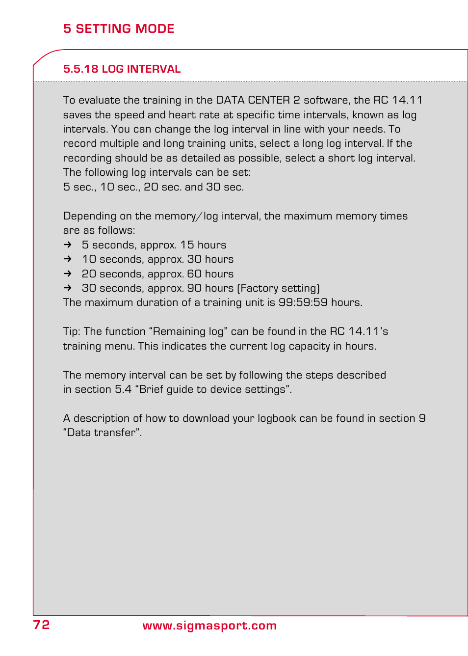 18 log interval | SIGMA RC 14.11 User Manual | Page 24 / 50