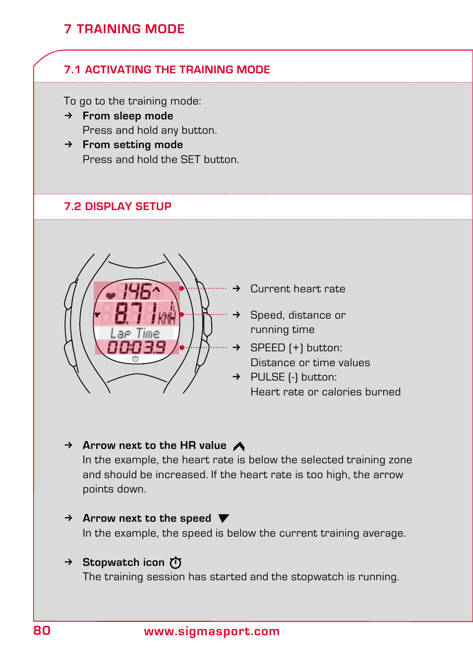 7 training mode, 1 activating the training mode, 2 display setup | SIGMA RC 14.11 User Manual | Page 32 / 50