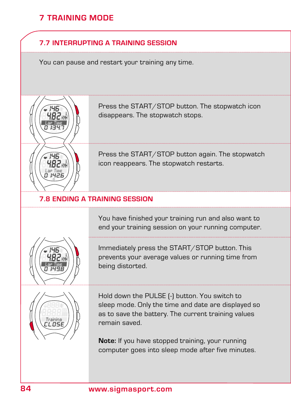 7 interrupting a training session, 8 ending a training session | SIGMA RC 14.11 User Manual | Page 36 / 50