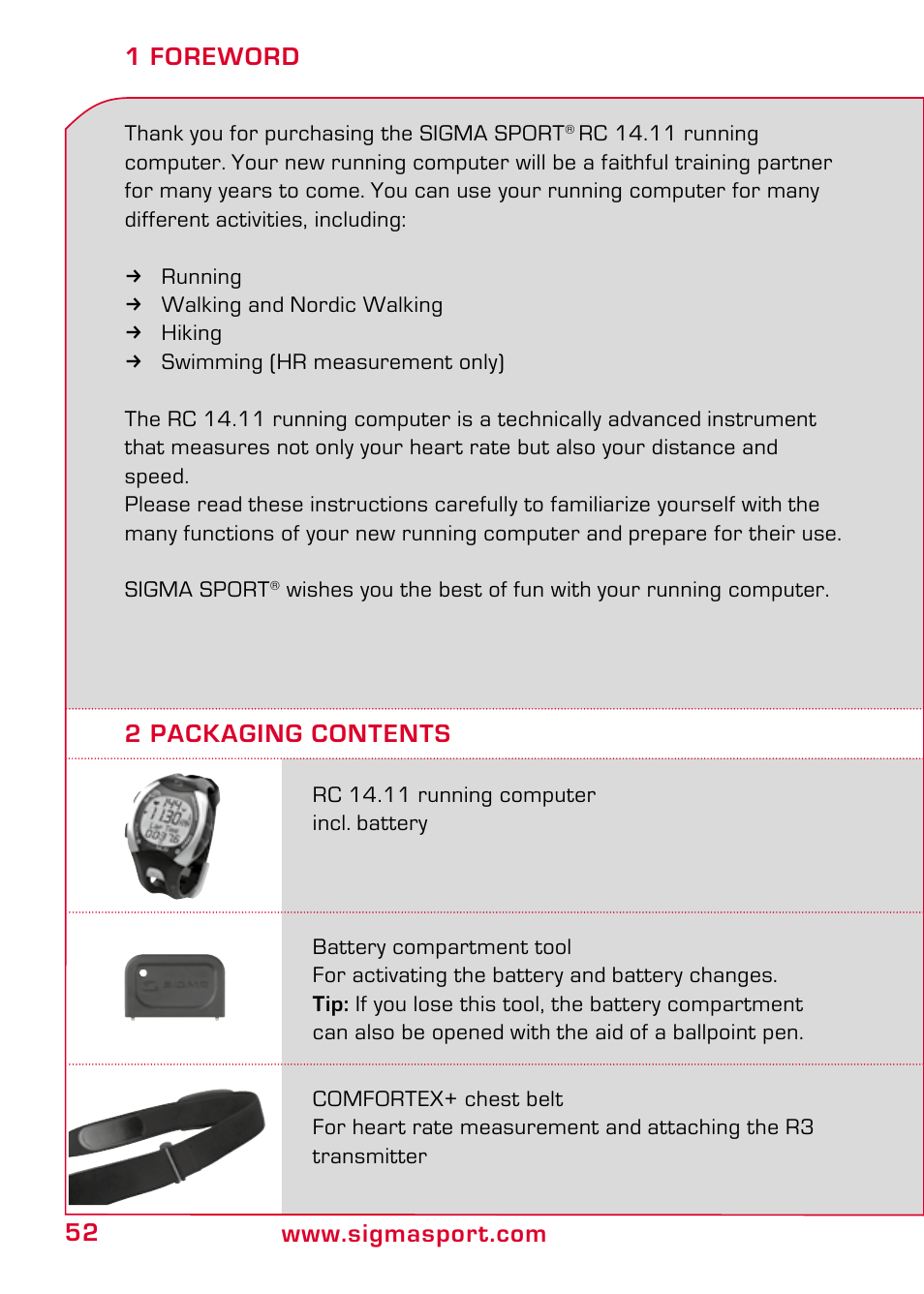 1 foreword, 2 packaging contents | SIGMA RC 14.11 User Manual | Page 4 / 50