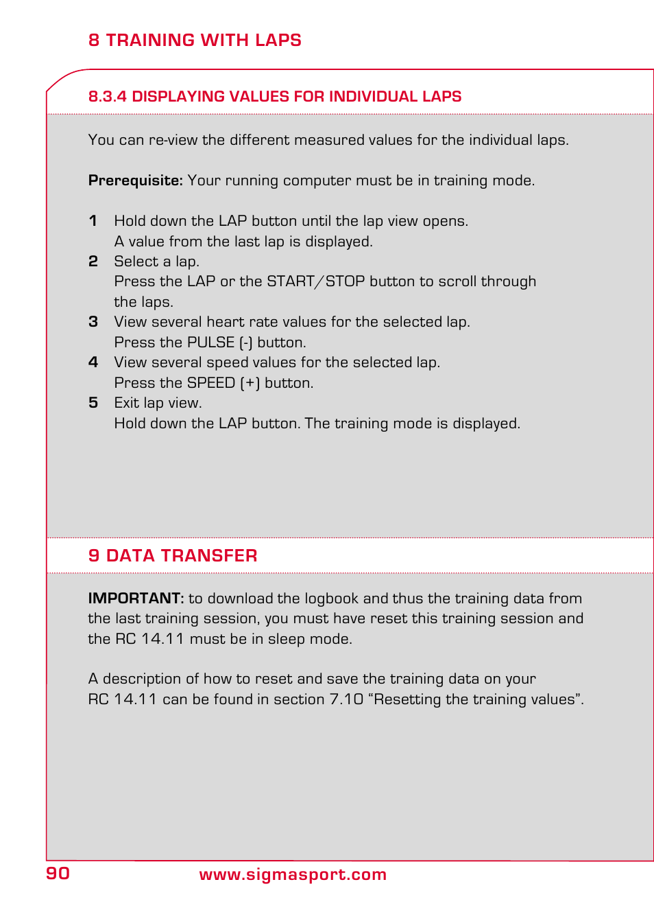 4 displaying values for individual laps, 9 data transfer | SIGMA RC 14.11 User Manual | Page 42 / 50