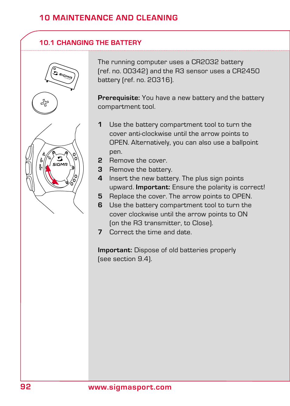 10 maintenance and cleaning, 1 changing the battery | SIGMA RC 14.11 User Manual | Page 44 / 50