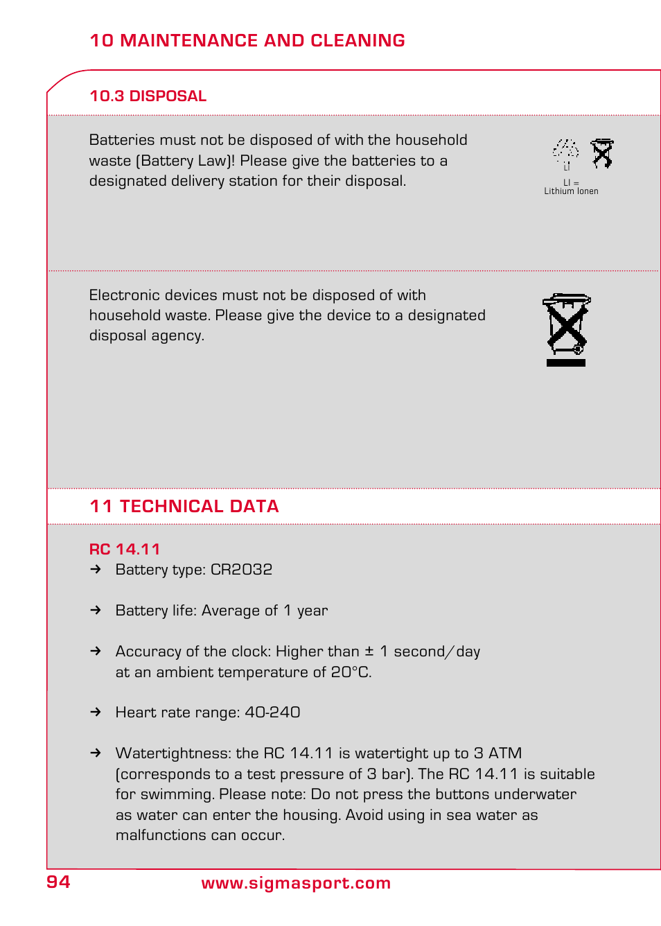 3 disposal, 11 technical data, 10 maintenance and cleaning | SIGMA RC 14.11 User Manual | Page 46 / 50