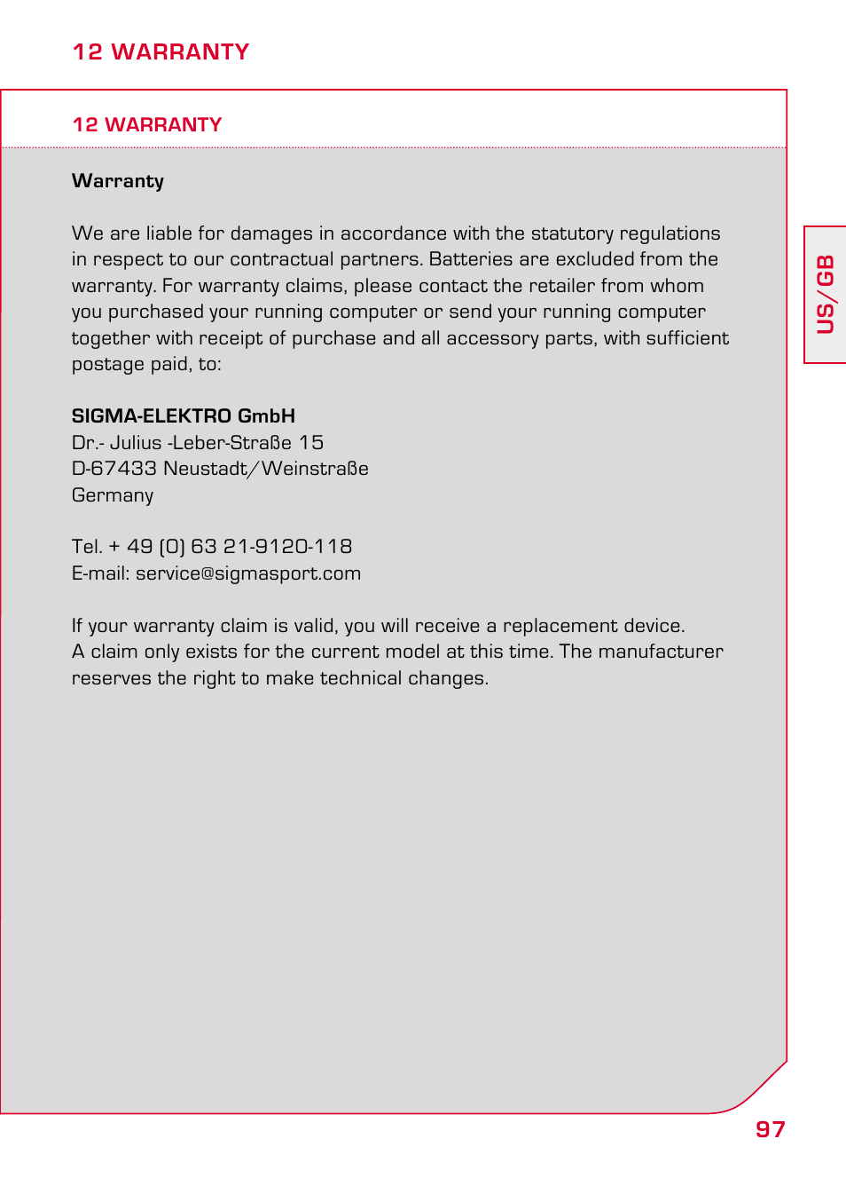 12 warranty | SIGMA RC 14.11 User Manual | Page 49 / 50