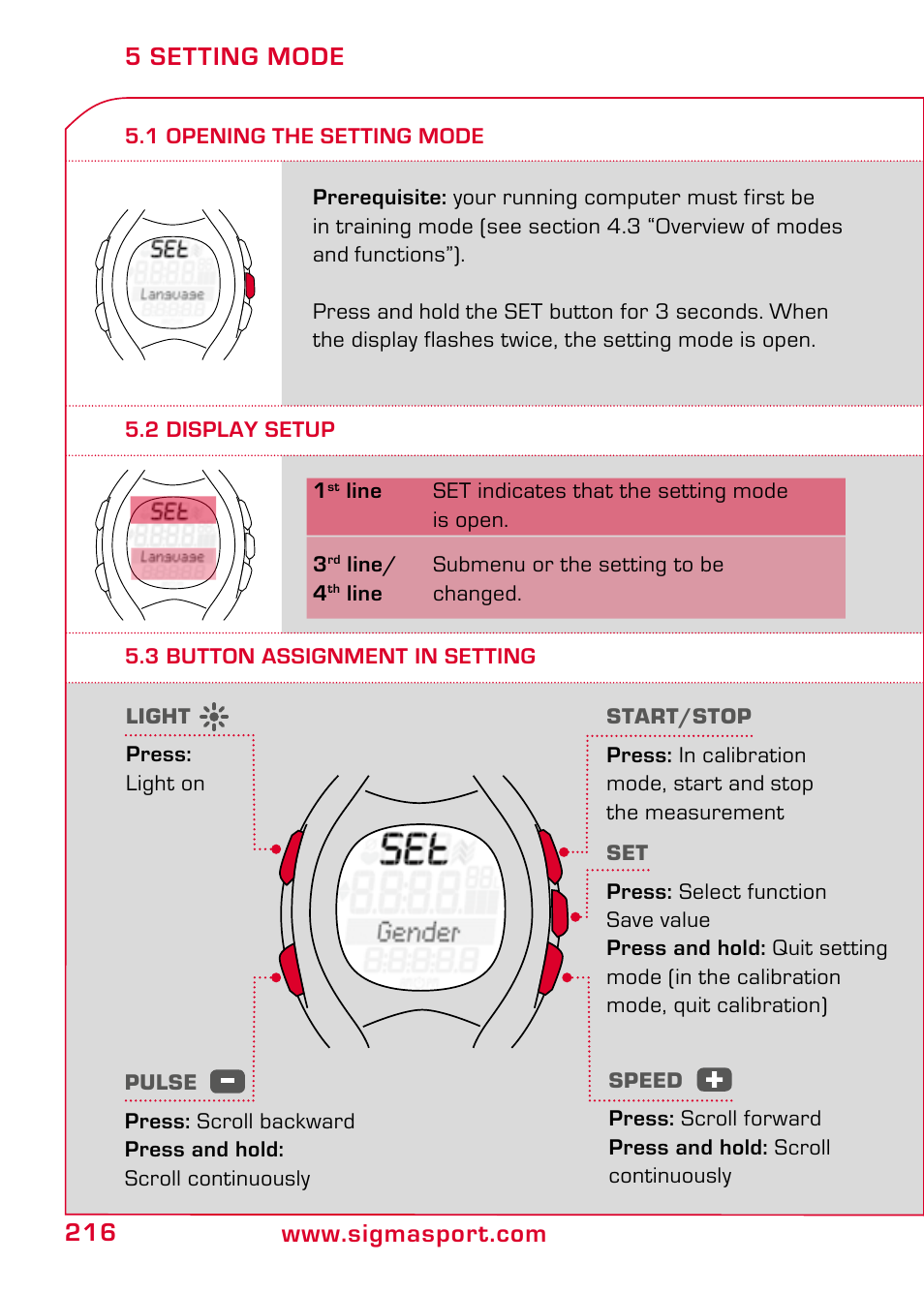5 setting mode, 1 opening the setting mode, 2 display setup | 3 button assignment in setting | SIGMA RC 1209 User Manual | Page 12 / 36
