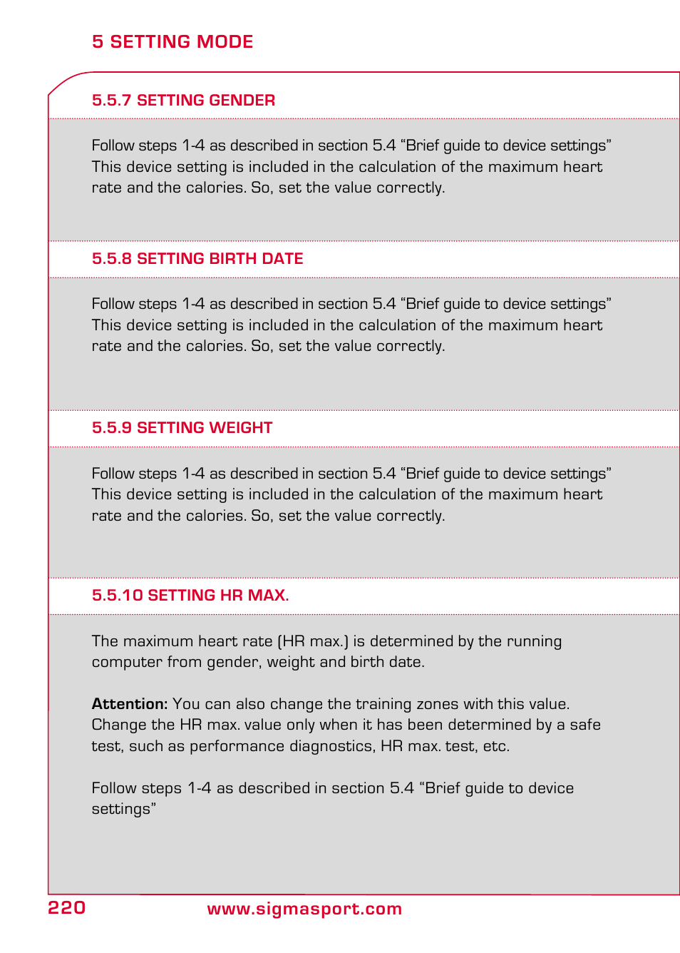 7 setting gender, 8 setting birth date, 9 setting weight | 10 setting hr max | SIGMA RC 1209 User Manual | Page 16 / 36