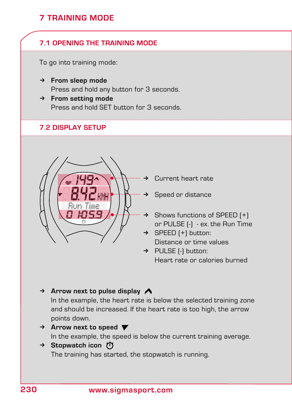 7 training mode, 1 opening the training mode, 2 display setup | SIGMA RC 1209 User Manual | Page 26 / 36