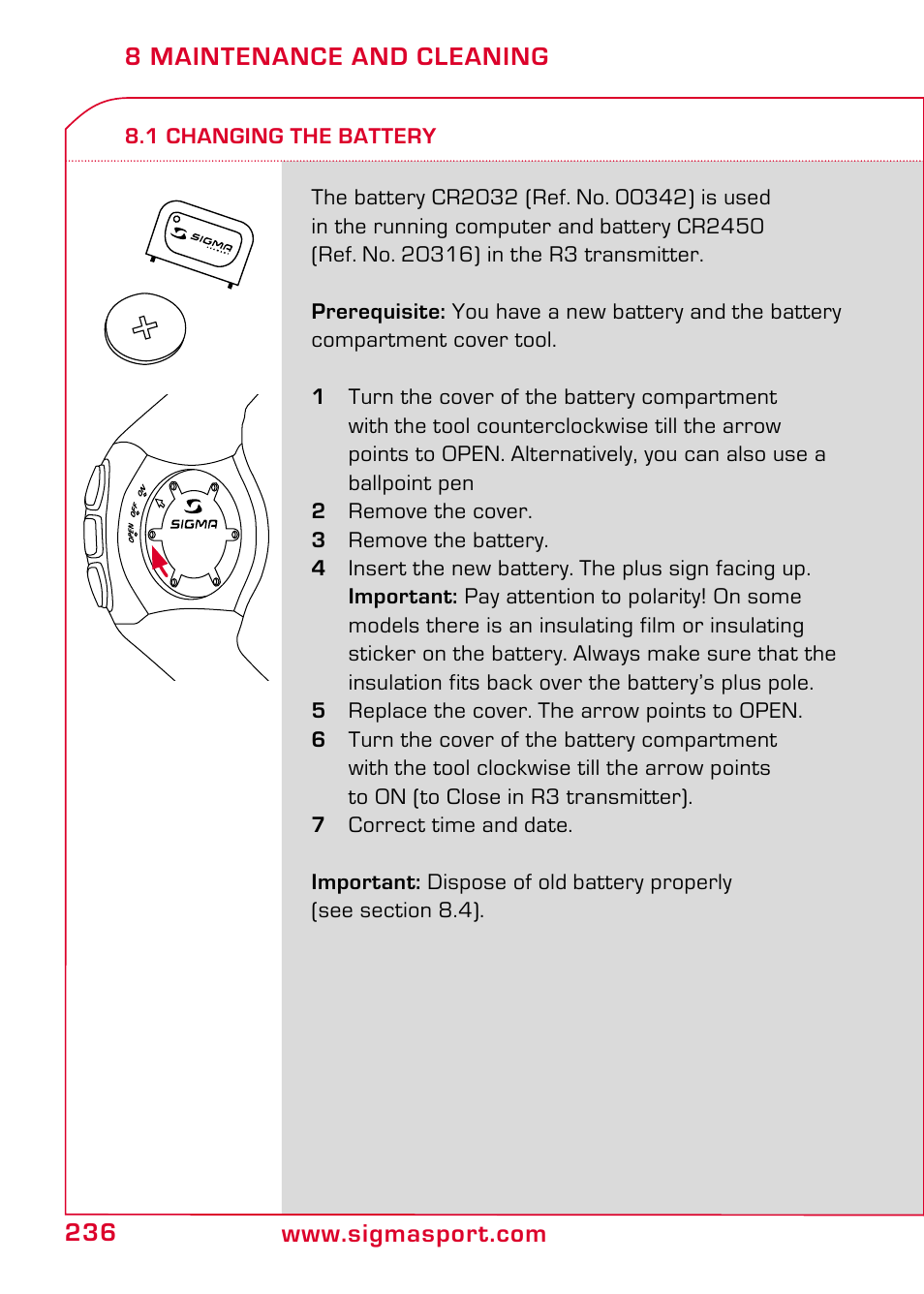 8 maintenance and cleaning, 1 changing the battery | SIGMA RC 1209 User Manual | Page 32 / 36