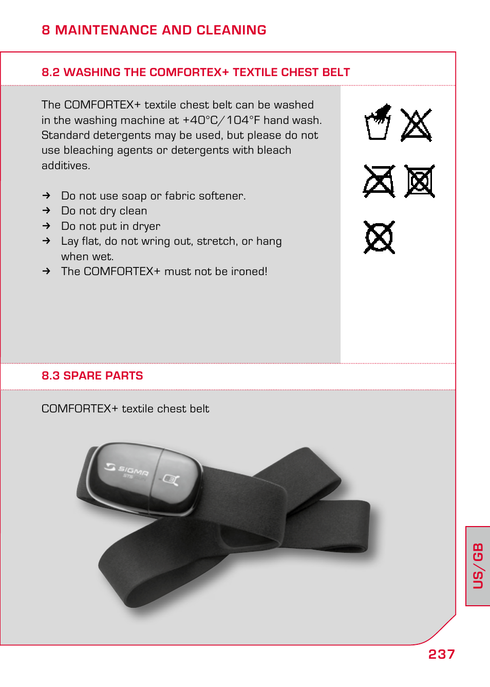 2 washing the comfortex+ textile chest belt, 3 spare parts | SIGMA RC 1209 User Manual | Page 33 / 36