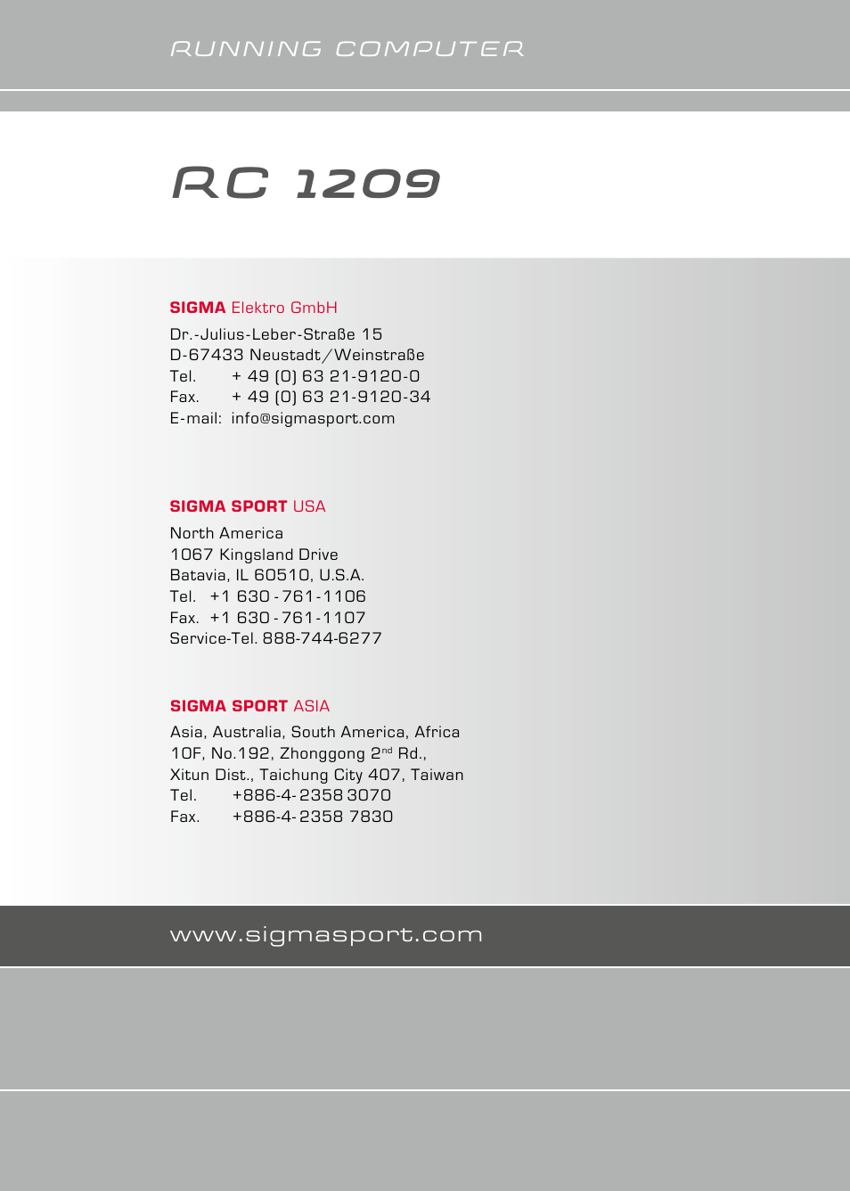 Rc 1209, Running computer | SIGMA RC 1209 User Manual | Page 36 / 36