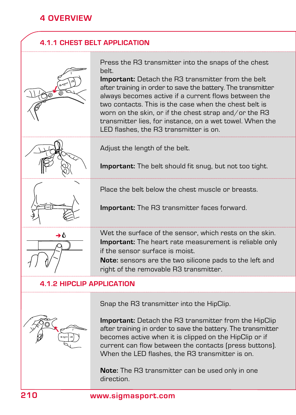 1 chest belt application, 2 hipclip application | SIGMA RC 1209 User Manual | Page 6 / 36