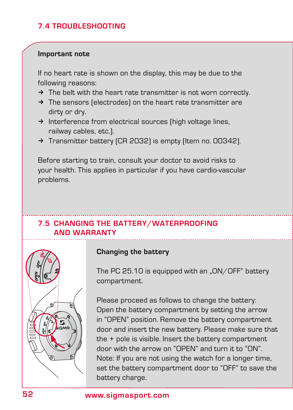 5 changing the battery/waterproofing and warranty | SIGMA PC 25.10 User Manual | Page 26 / 29