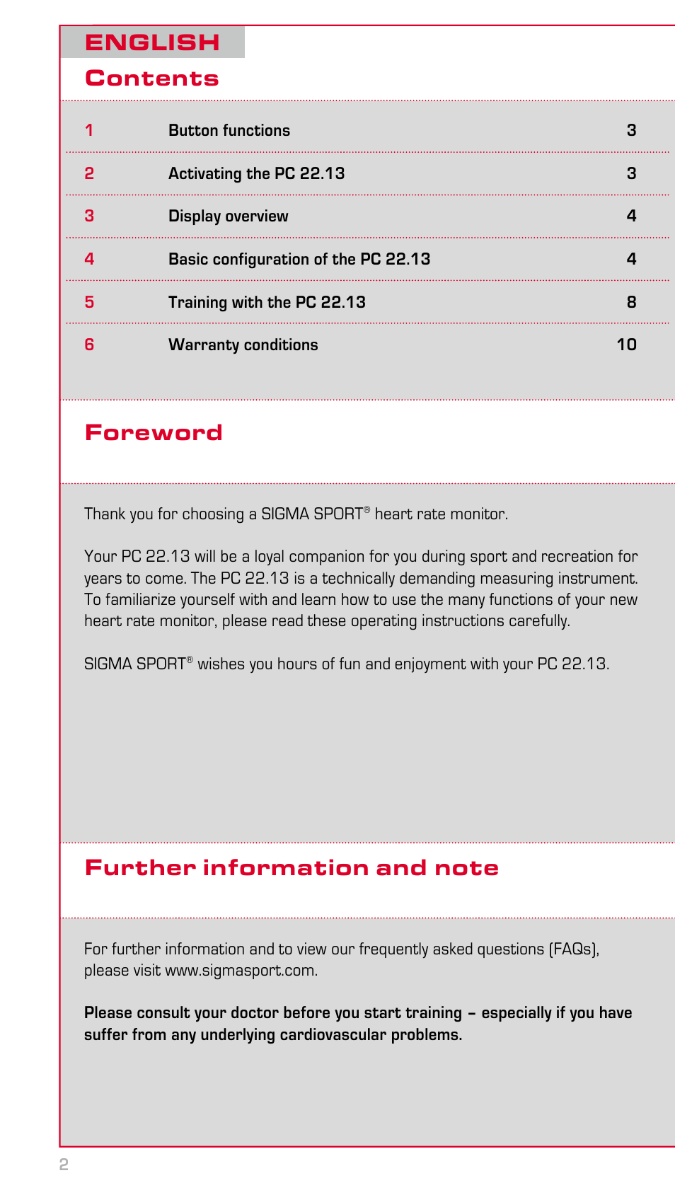 English | SIGMA PC 22.13 User Manual | Page 2 / 14