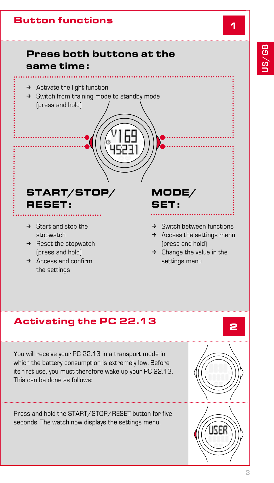 Start/stop/ reset, Press both buttons at the same time, Mode/ set | SIGMA PC 22.13 User Manual | Page 3 / 14