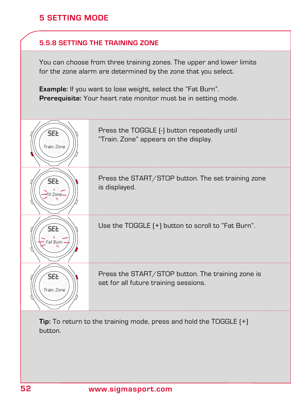 8 setting the training zone | SIGMA PC 15.11 User Manual | Page 18 / 36