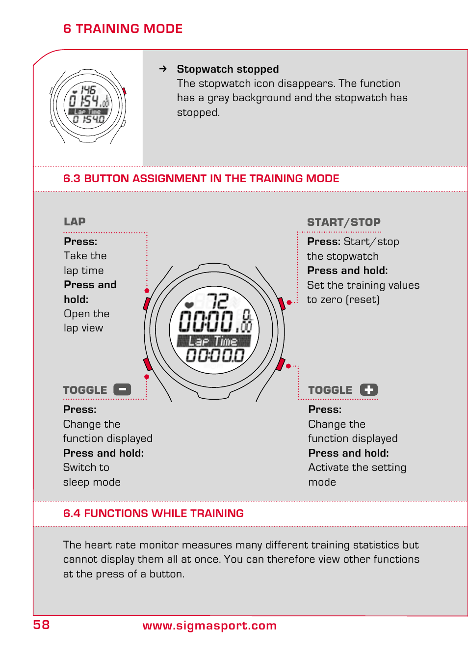 3 button assignment in the training mode, 4 functions while training | SIGMA PC 15.11 User Manual | Page 24 / 36