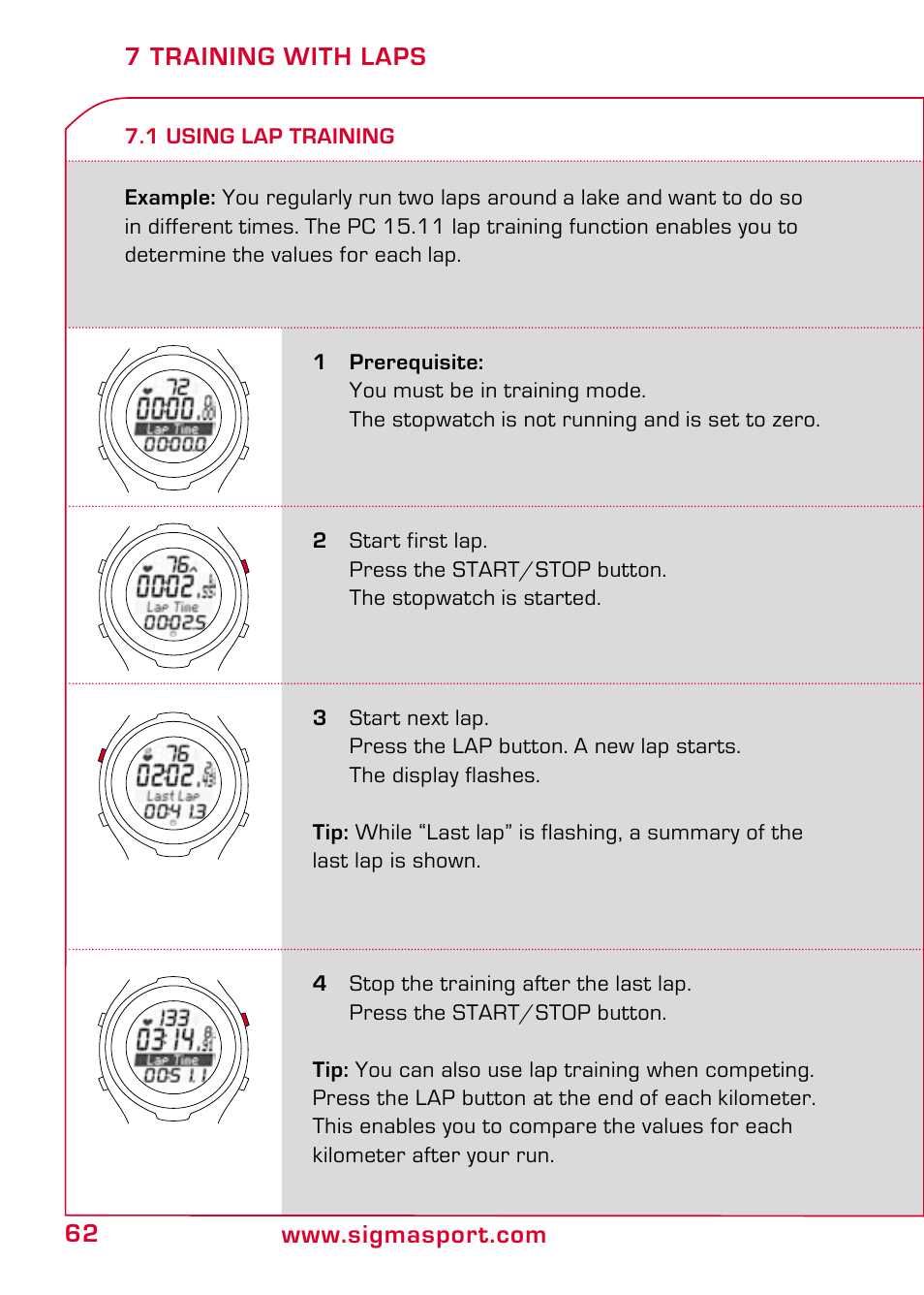 7 training with laps, 1 using lap training | SIGMA PC 15.11 User Manual | Page 28 / 36