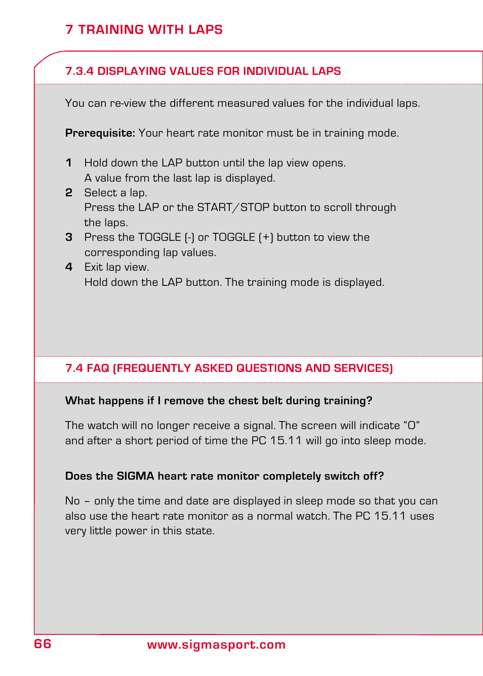 4 displaying values for individual laps, 4 faq (frequently asked questions and services) | SIGMA PC 15.11 User Manual | Page 32 / 36