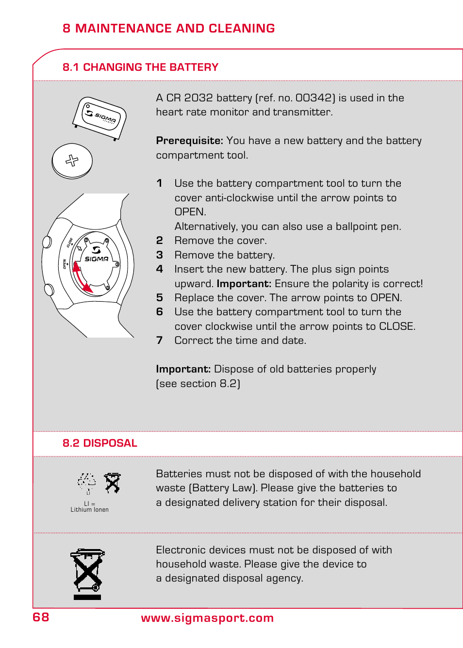 8 maintenance and cleaning, 1 changing the battery, 2 disposal | SIGMA PC 15.11 User Manual | Page 34 / 36