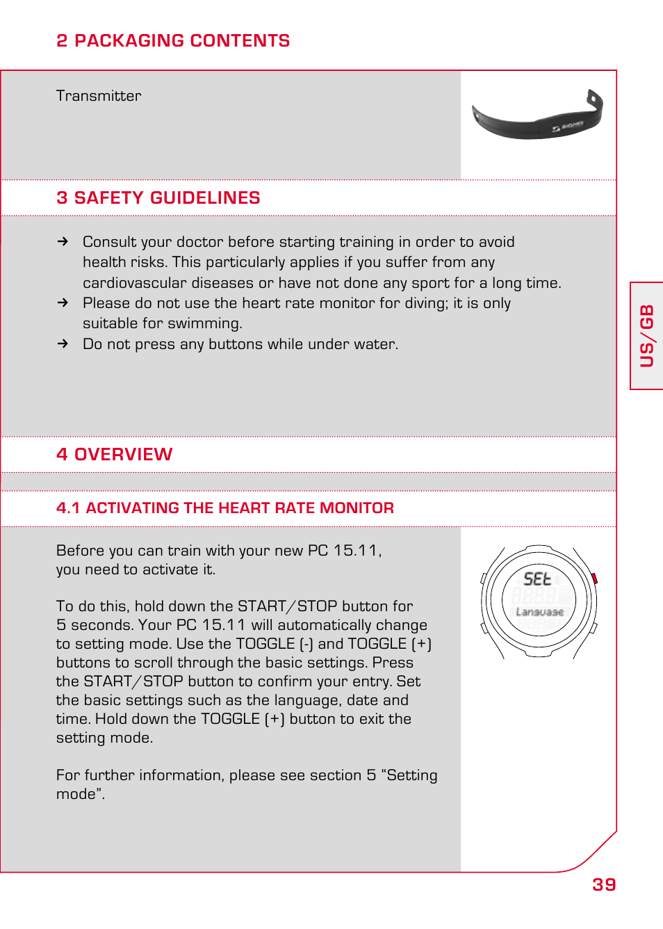 3 safety guidelines, 4 overview, 1 activating the heart rate monitor | SIGMA PC 15.11 User Manual | Page 5 / 36