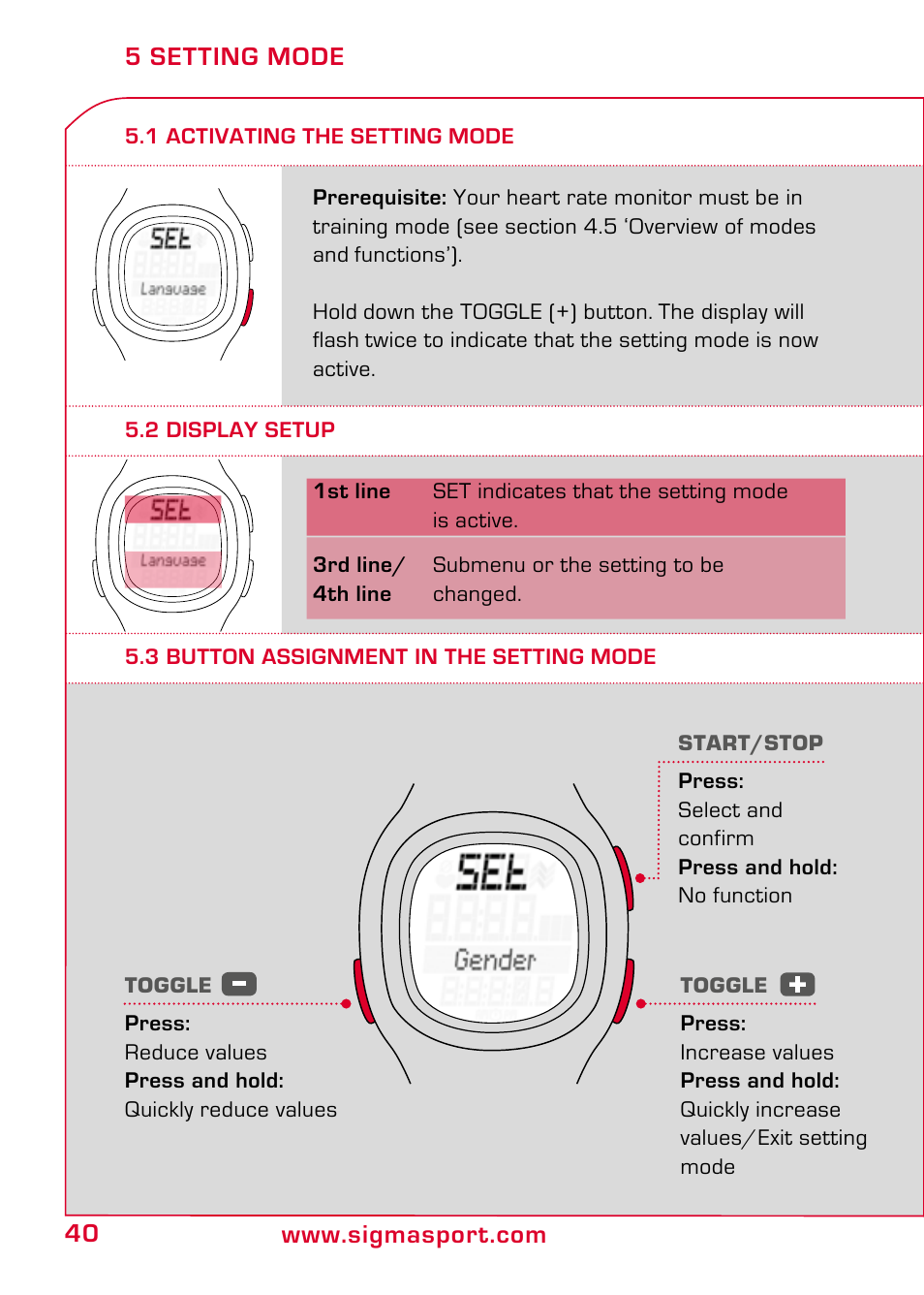 5 setting mode, 1 activating the setting mode, 2 display setup | 3 button assignment in the setting mode | SIGMA PC 10.11 User Manual | Page 12 / 30