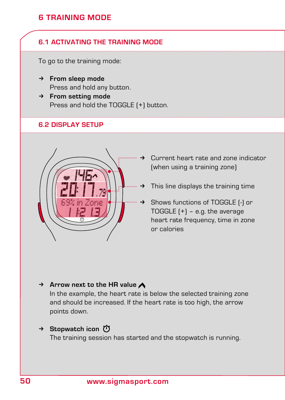 6 training mode, 1 activating the training mode, 2 display setup | SIGMA PC 10.11 User Manual | Page 22 / 30