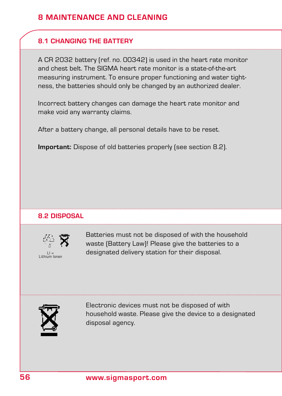 8 maintenance and cleaning, 1 changing the battery, 2 disposal | SIGMA PC 10.11 User Manual | Page 28 / 30