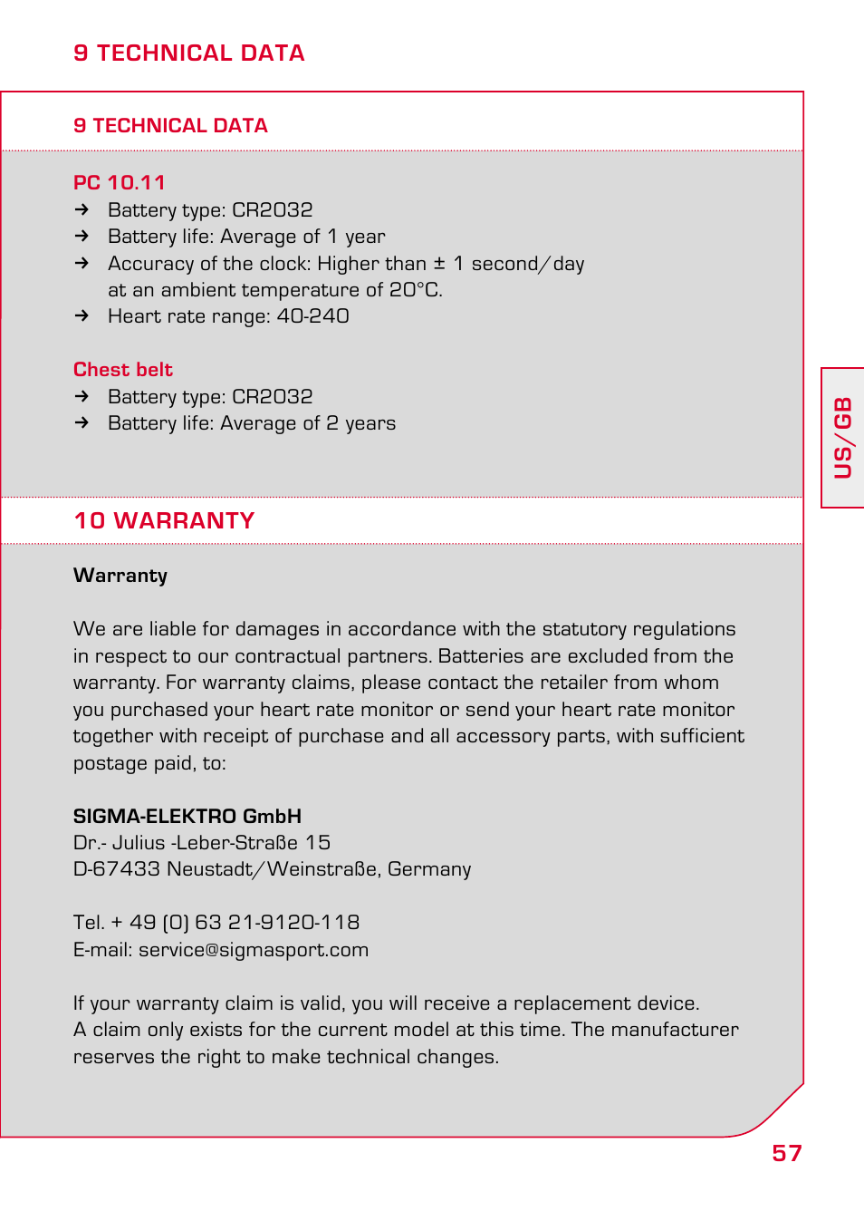 9 technical data, 10 warranty | SIGMA PC 10.11 User Manual | Page 29 / 30