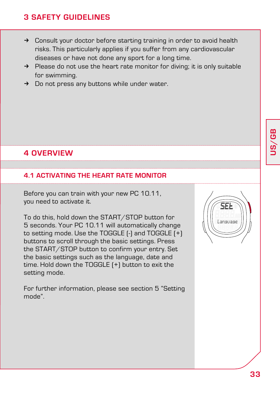 3 safety guidelines, 4 overview, 1 activating the heart rate monitor | SIGMA PC 10.11 User Manual | Page 5 / 30