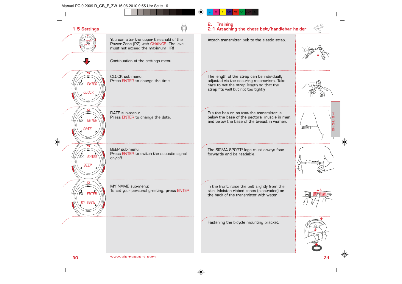 Heart train t im e set | SIGMA PC 9 User Manual | Page 16 / 32