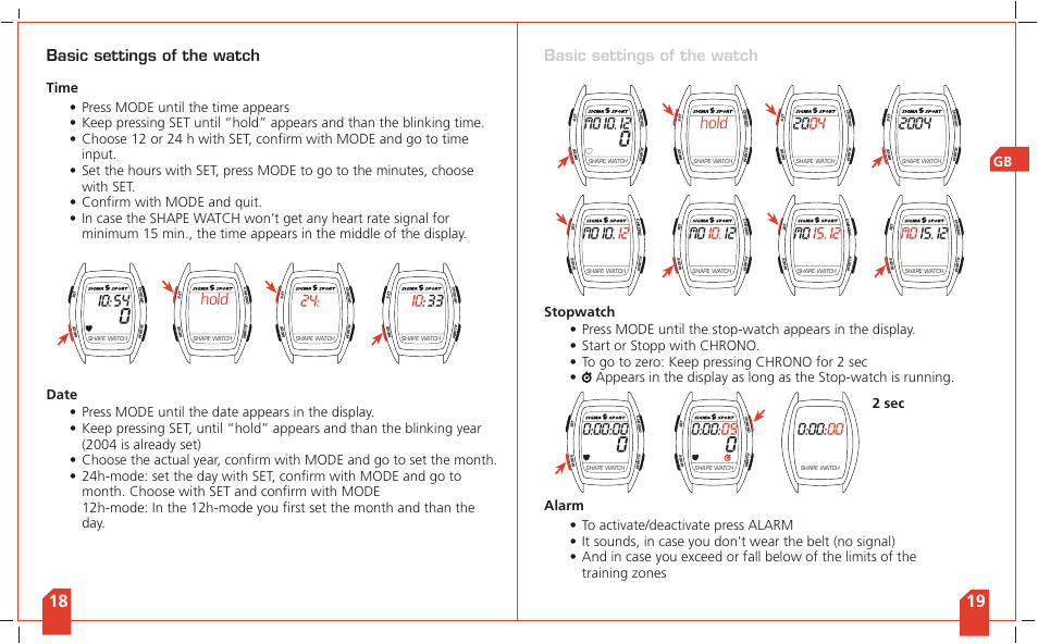 Basic settings of the watch, 0hold, Hold | SIGMA Shape Watch User Manual | Page 12 / 40