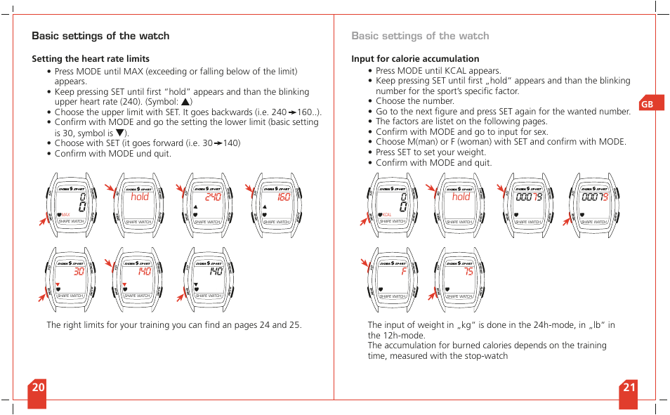 Basic settings of the watch, Hold, Input for calorie accumulation gb | SIGMA Shape Watch User Manual | Page 13 / 40