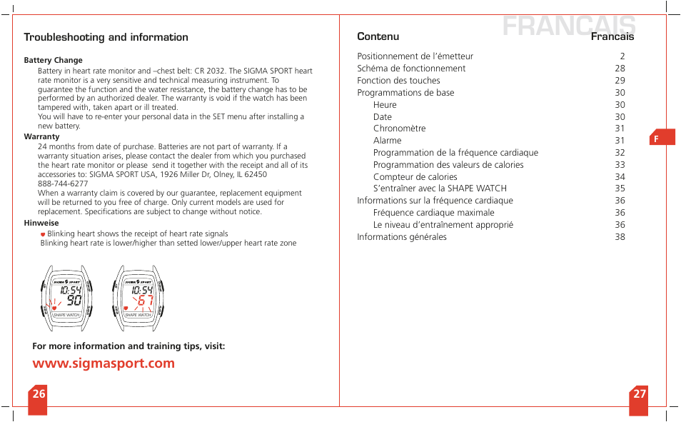 Francais, Contenu, Troubleshooting and information | For more information and training tips, visit | SIGMA Shape Watch User Manual | Page 16 / 40