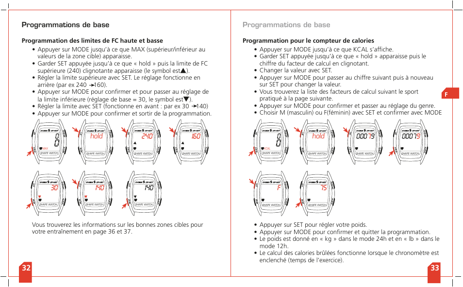 Programmations de base, Hold, Programmation pour le compteur de calories f | SIGMA Shape Watch User Manual | Page 19 / 40