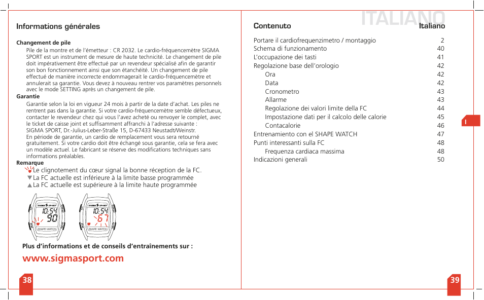 Italiano, Contenuto, Informations générales | SIGMA Shape Watch User Manual | Page 22 / 40