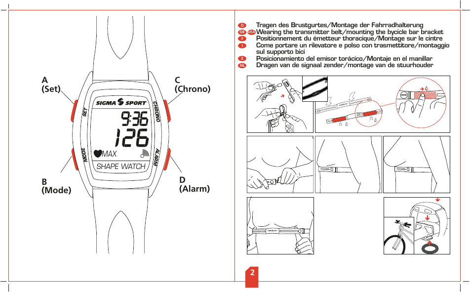 A (set) d (alarm) b (mode) c (chrono), Shape watch | SIGMA Shape Watch User Manual | Page 3 / 40